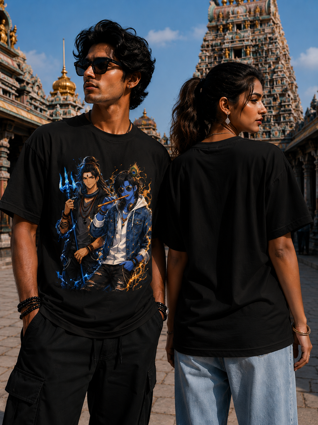Cosmic Harmony: Mahadev & Kanha Urban Art Unisex Classic Crew T-Shirt