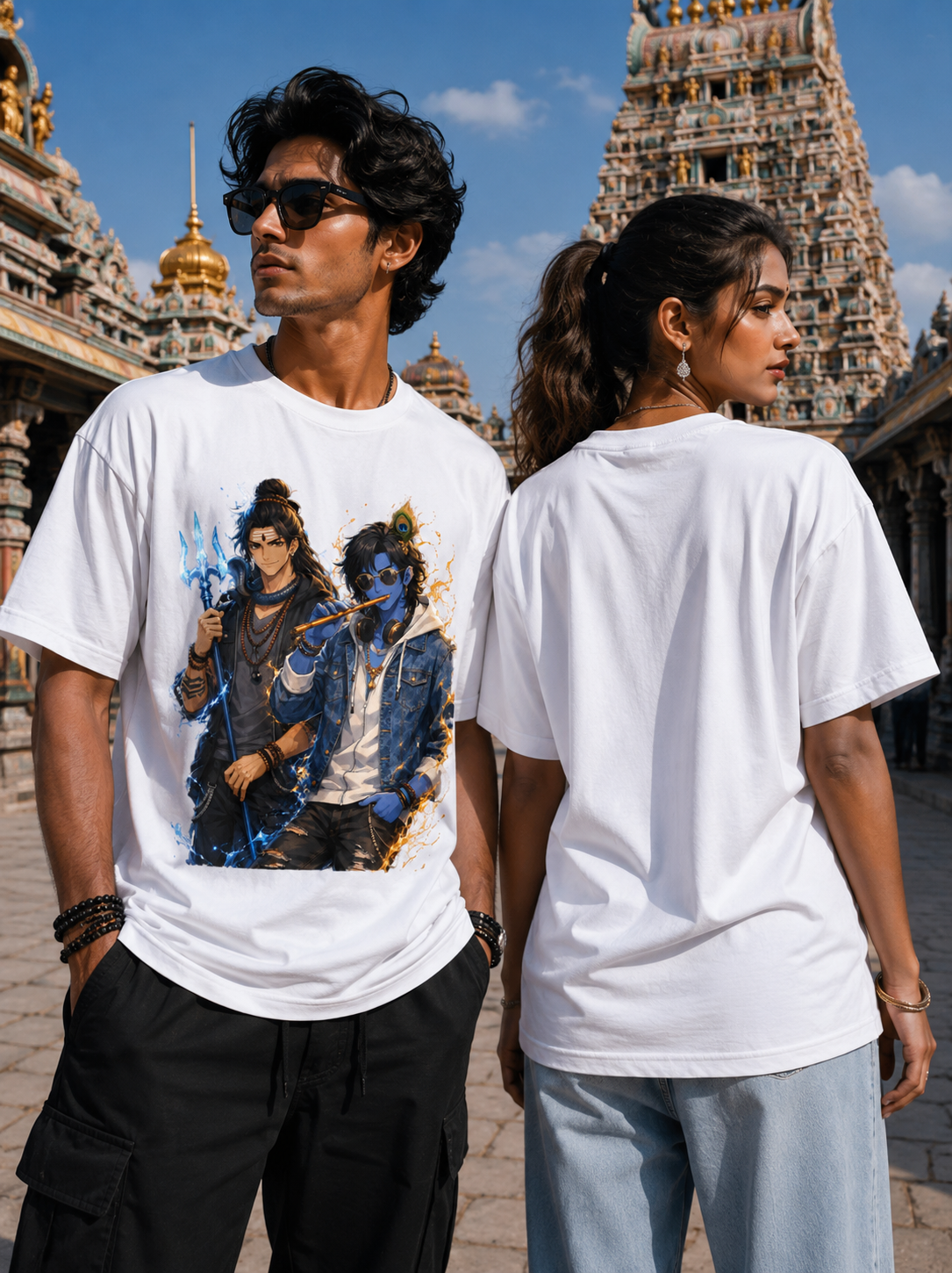 Cosmic Harmony: Mahadev & Kanha Urban Art Unisex Classic Crew T-Shirt